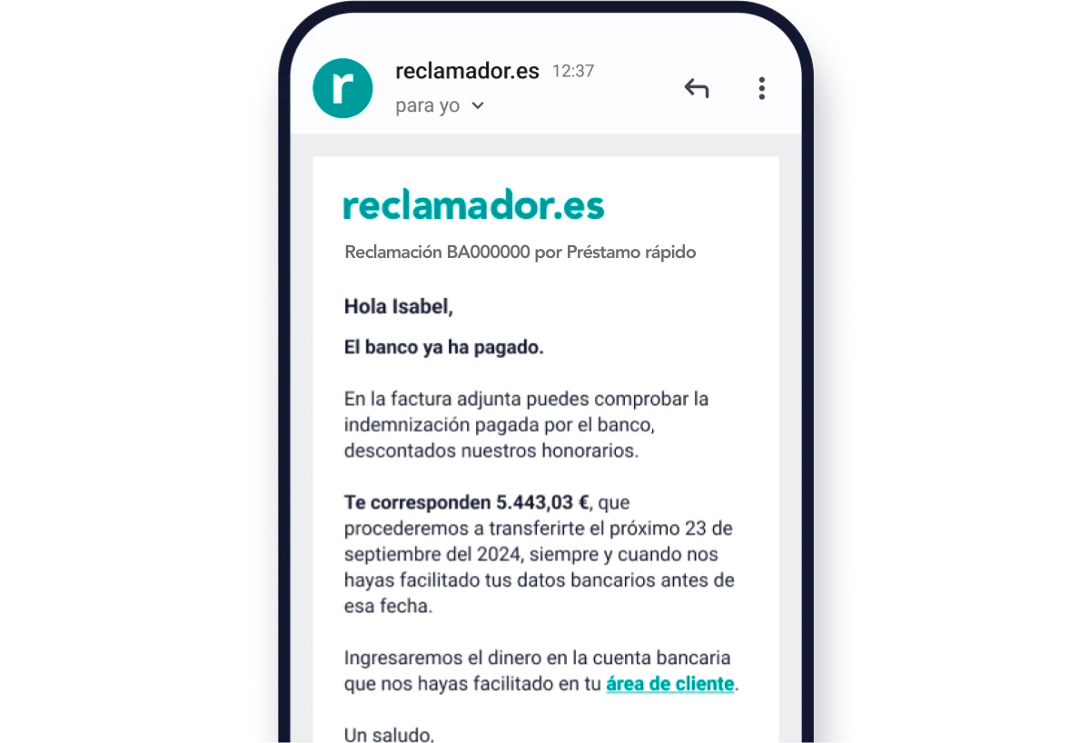 Email informativo notificando la resolución del caso, informando que el dinero será ingresado