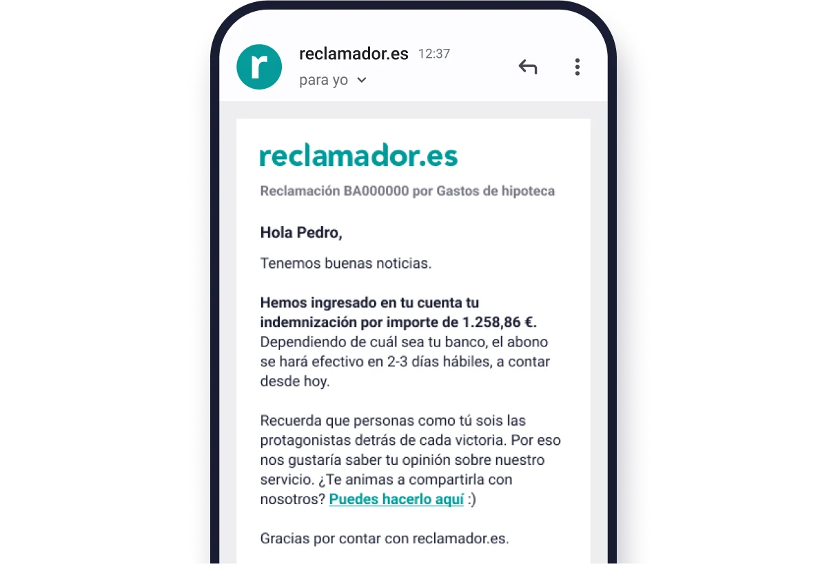 Email de confirmación de indemnización ingresada en cuenta por gastos de hipoteca reclamados