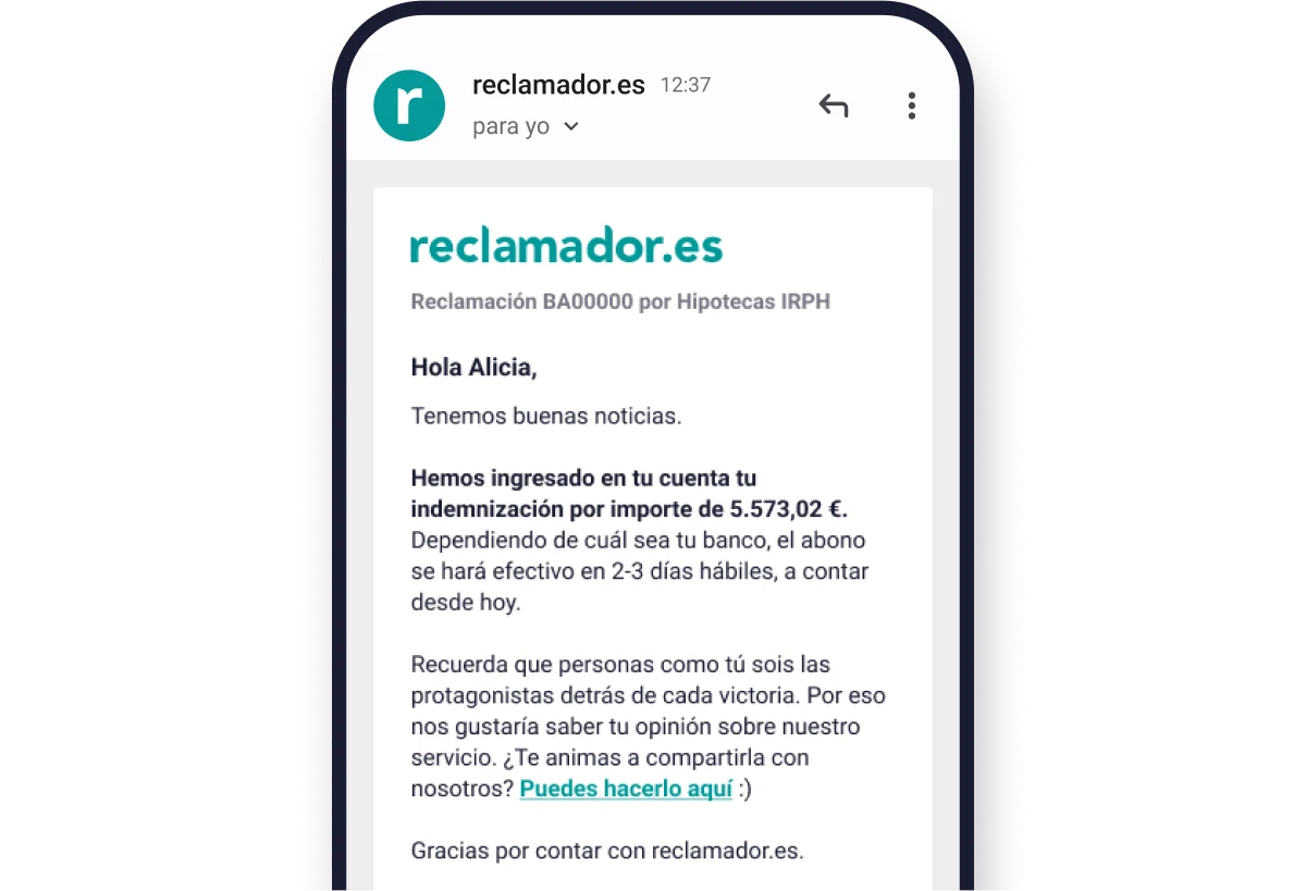 Email de confirmación de indemnización ingresada en cuenta por hipoteca IRPH