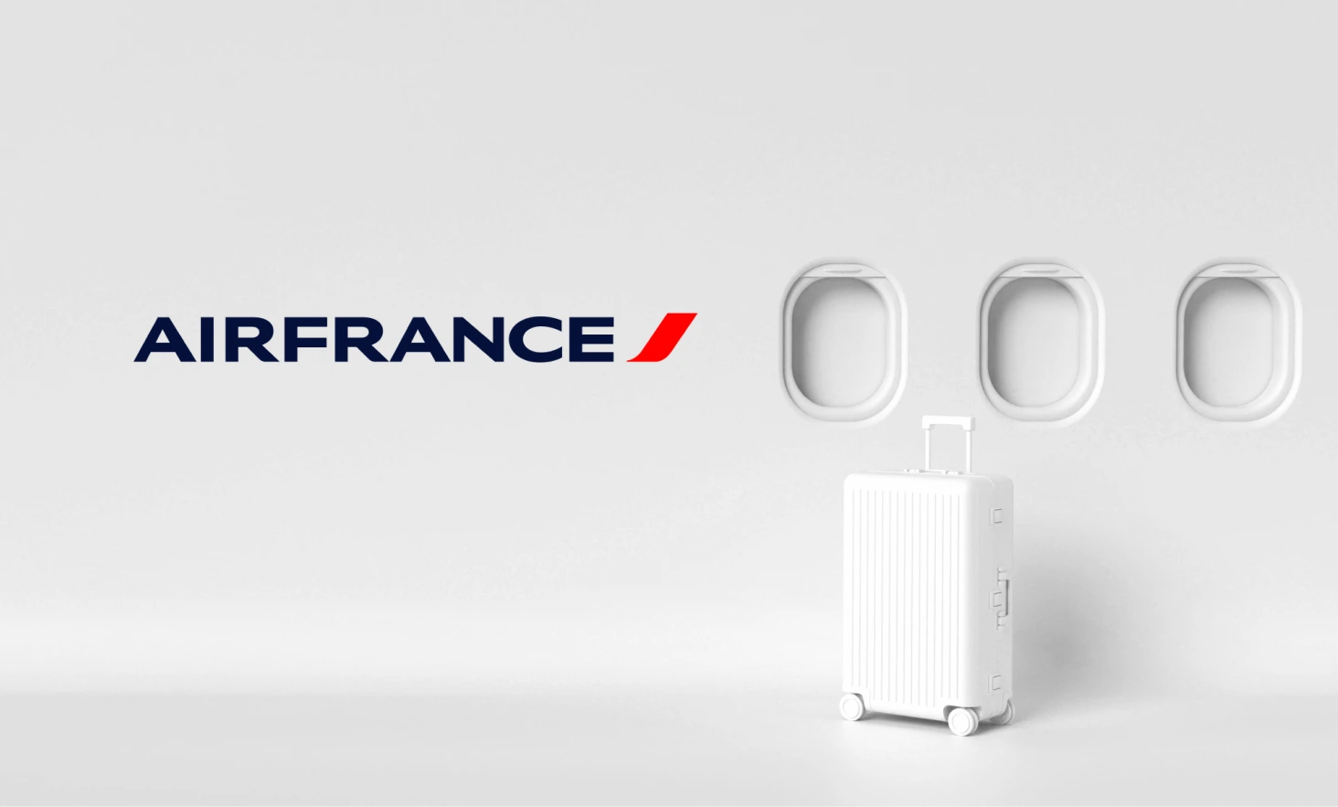 Ventanas de avión, maleta de viaje y logo de Air France