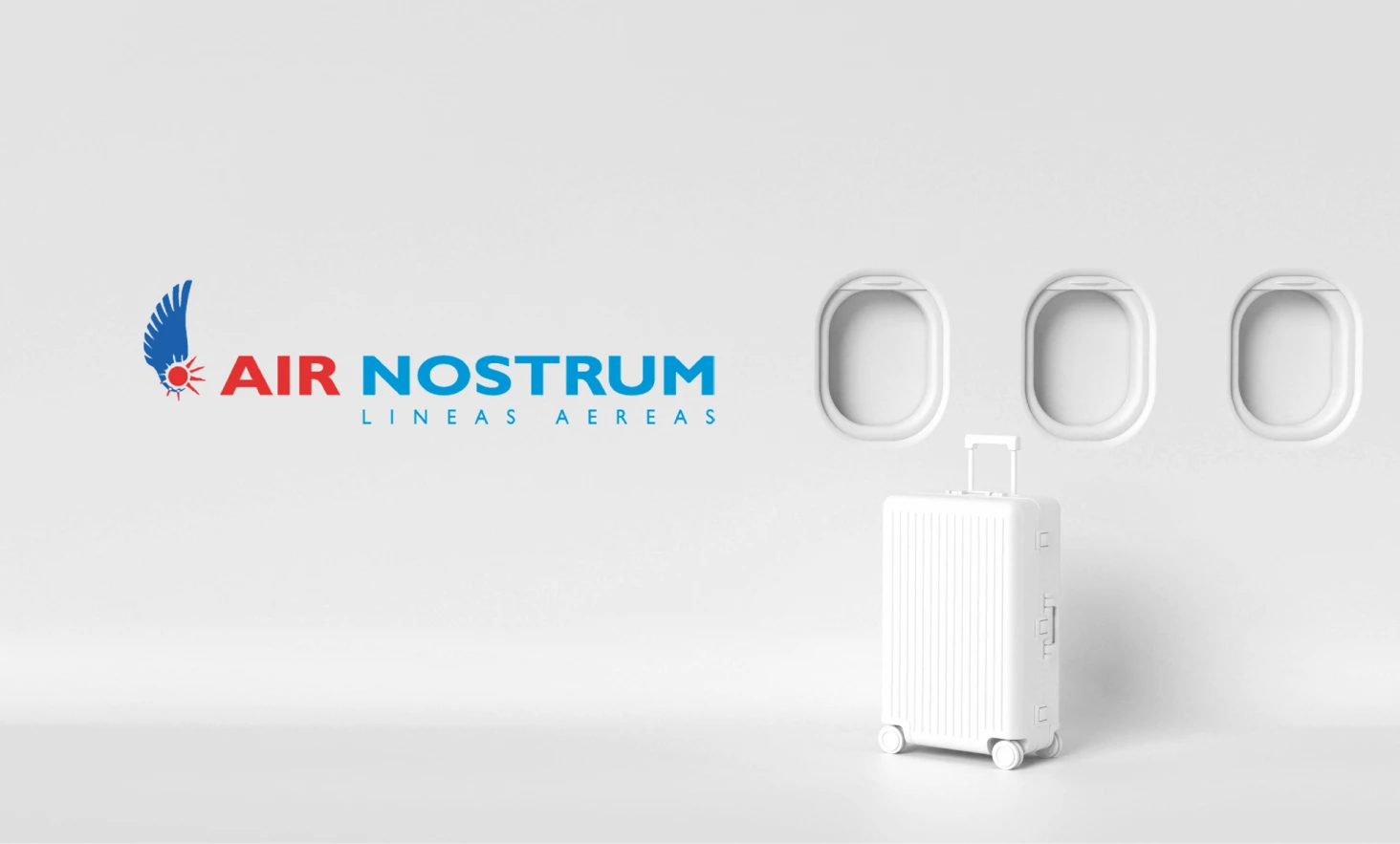 Ventanas de avión, maleta de viaje y logo de Air Nostrum