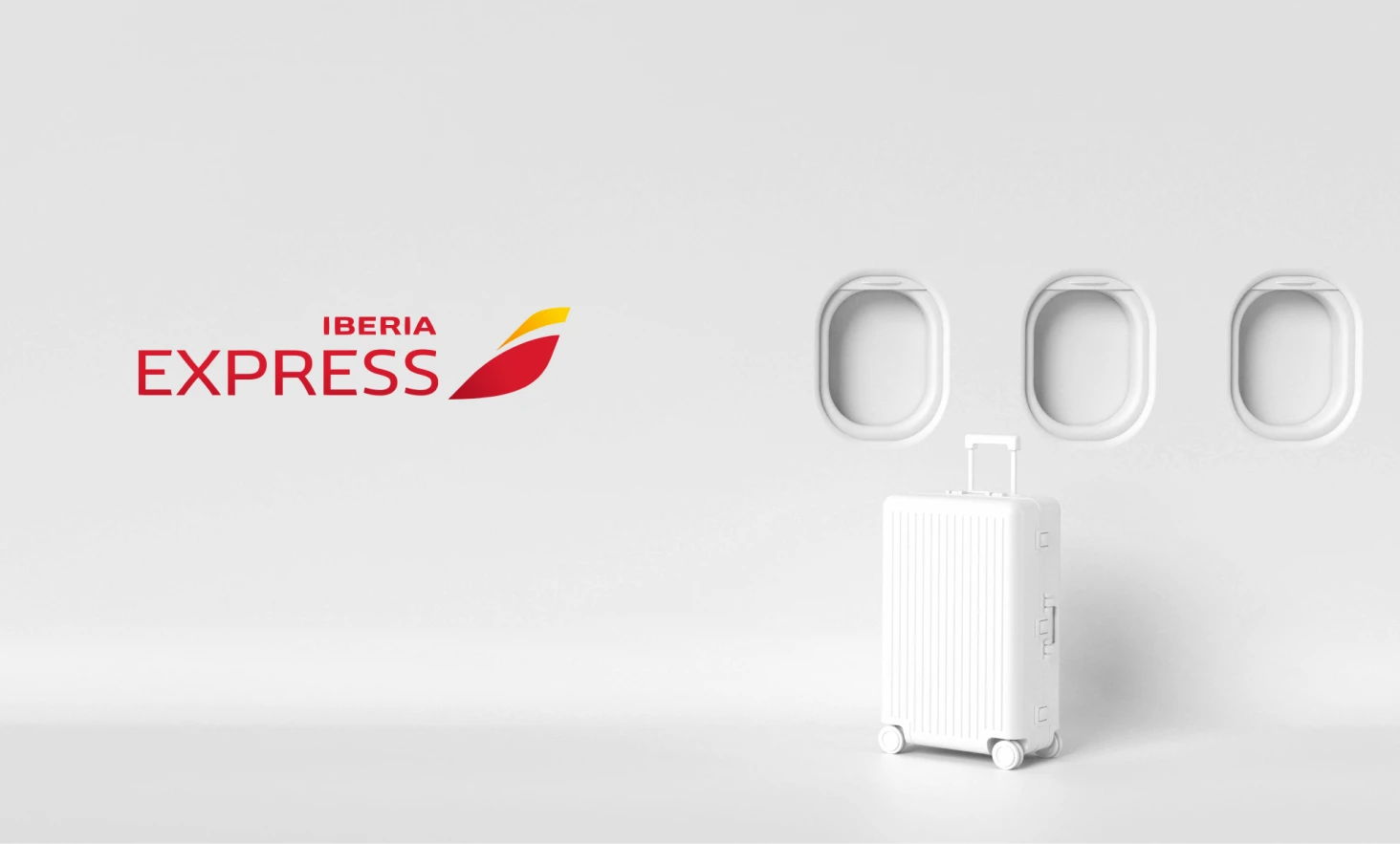 Ventanas de avión, maleta de viaje y logo de Iberia Express