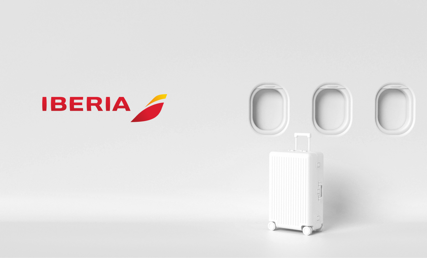 Ventanas de avión, maleta de viaje y logo de Iberia