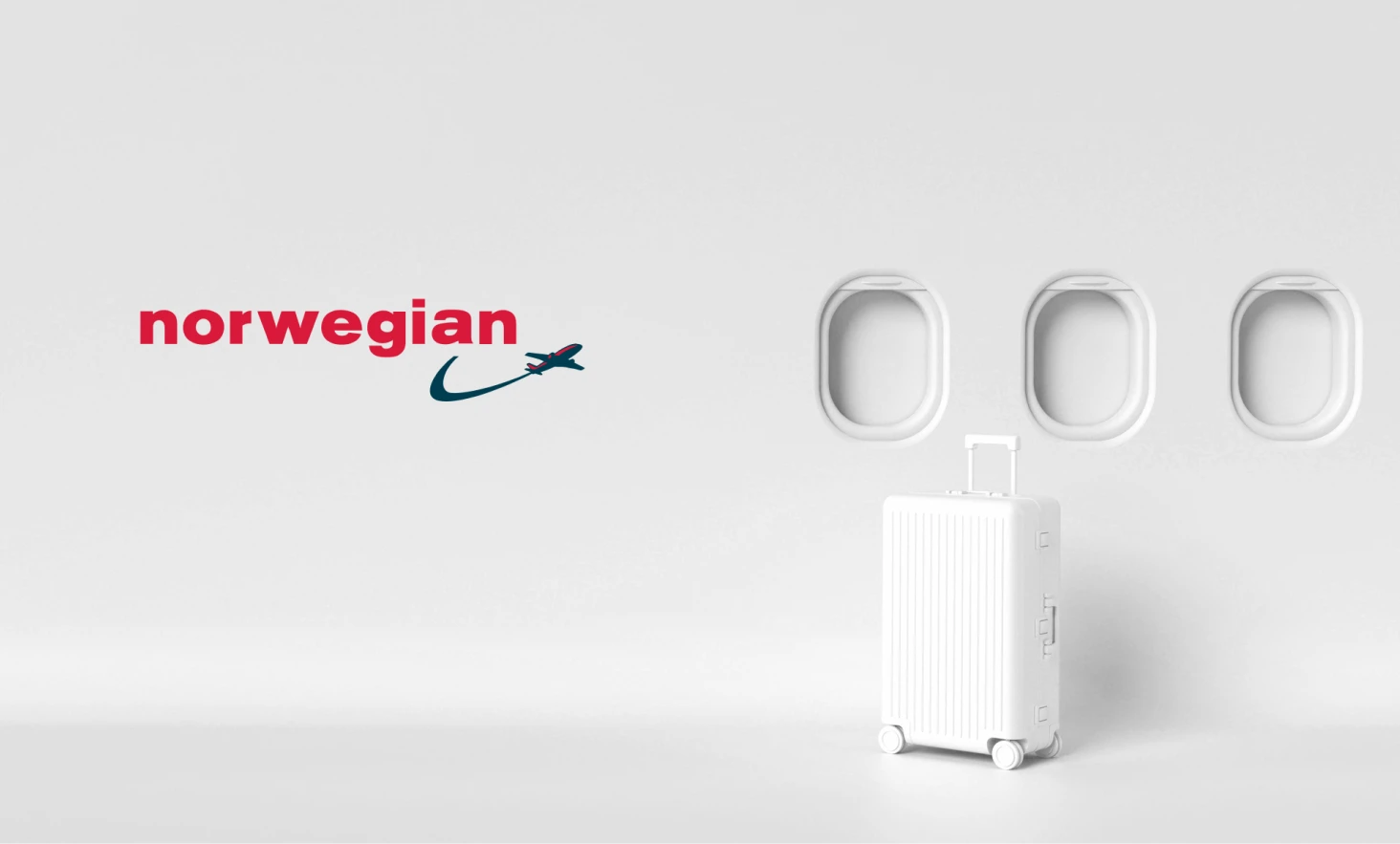 Ventanas de avión, maleta de viaje y logo de Norwegian