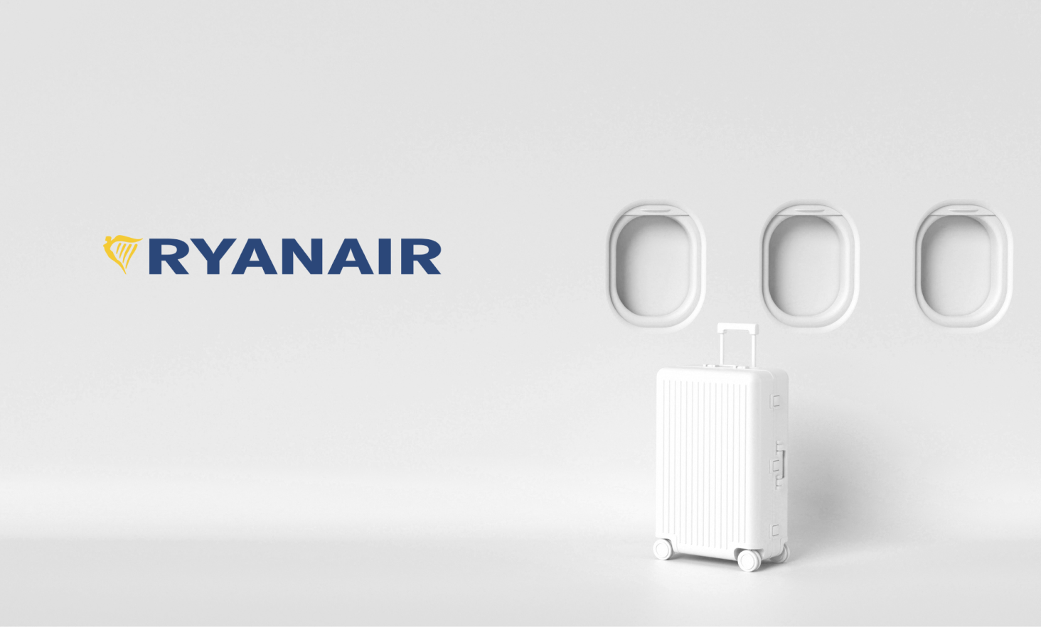 Ventanas de avión, maleta de viaje y logo de Ryanair