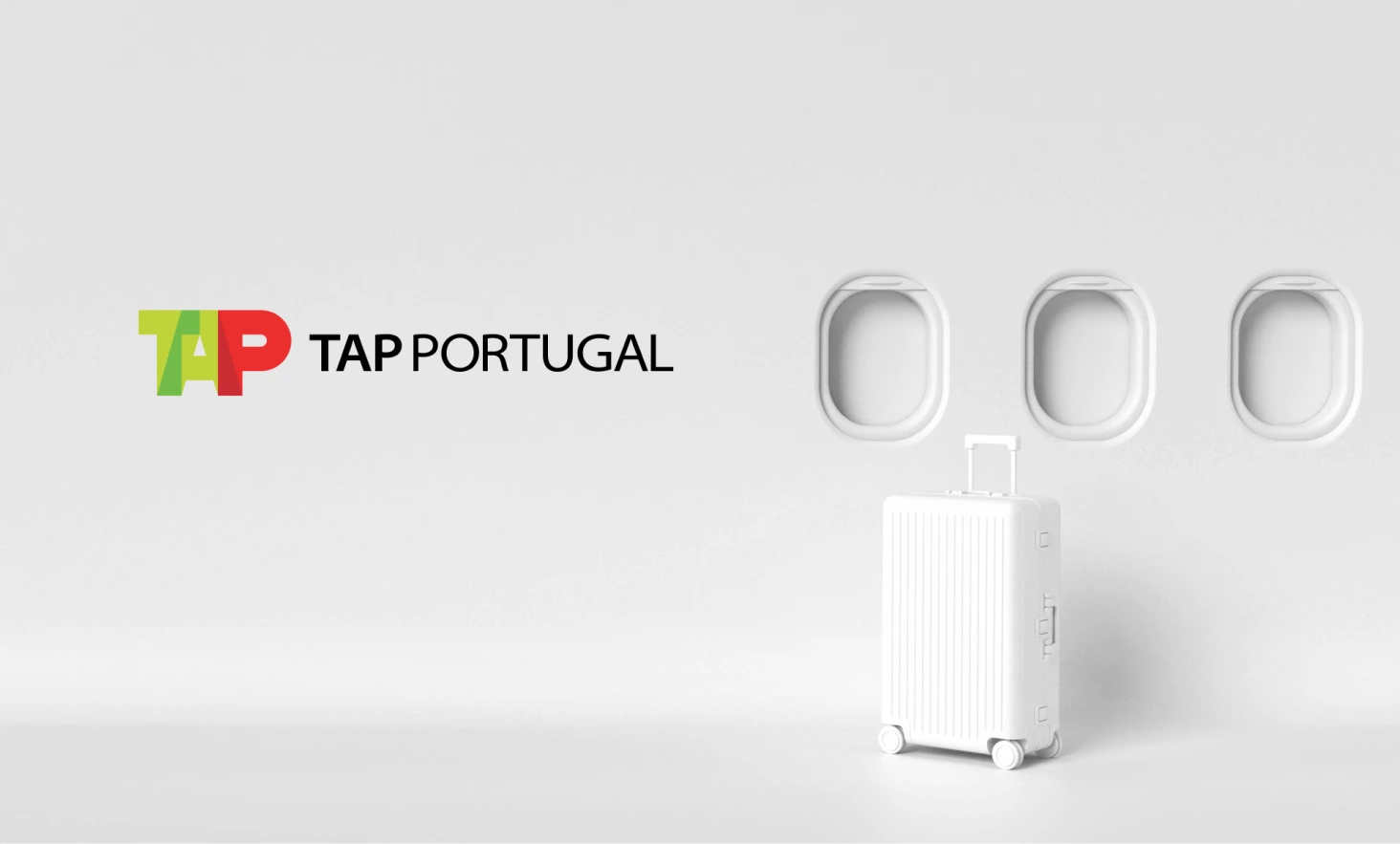 Ventanas de avión, maleta de viaje y logo de TAP Portugal