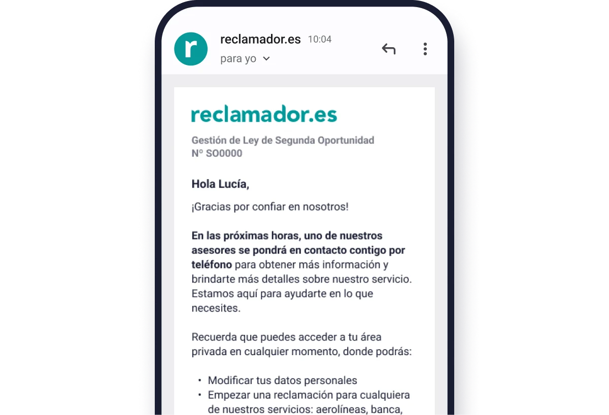 Email informando que un asesor se pondrá en contacto por teléfono