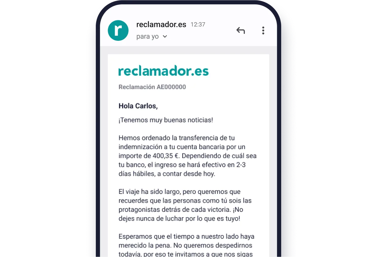 Email informativo notificando la resolución del caso, informando que el dinero será ingresado