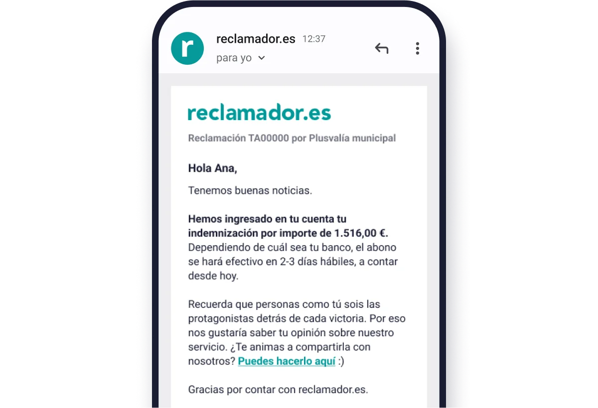 Email informativo notificando la resolución del caso, informando que el dinero será ingresado